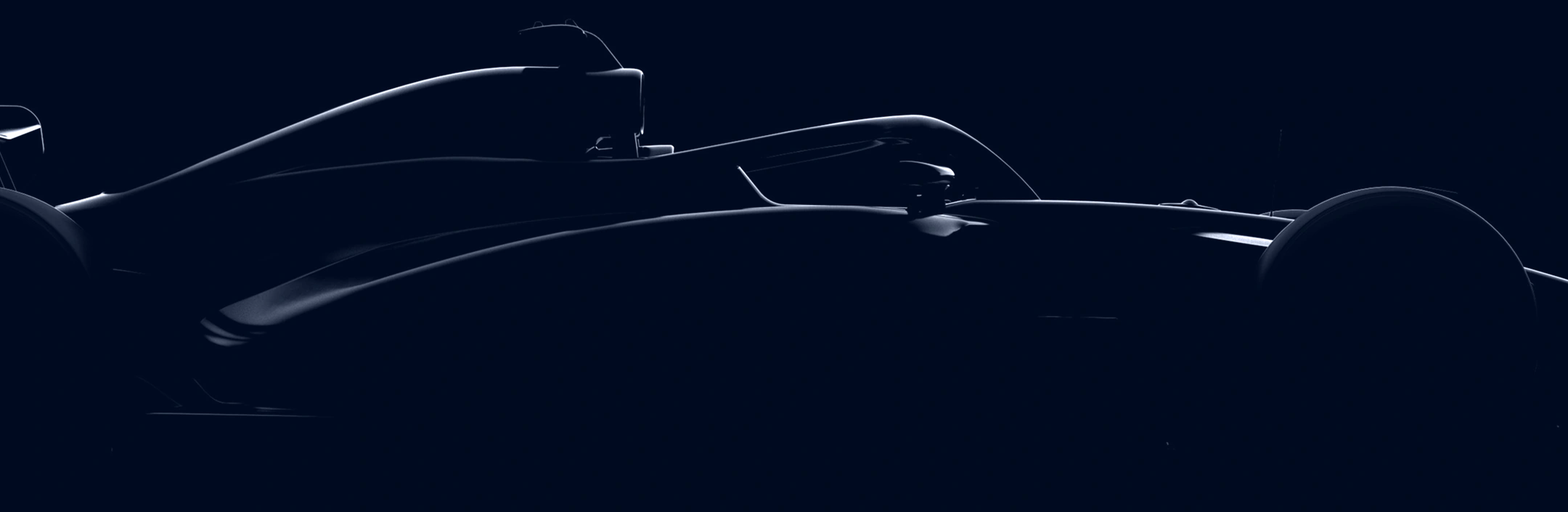 Silhouette of a sleek Formula 1 race car with highlighted edges against a dark background.