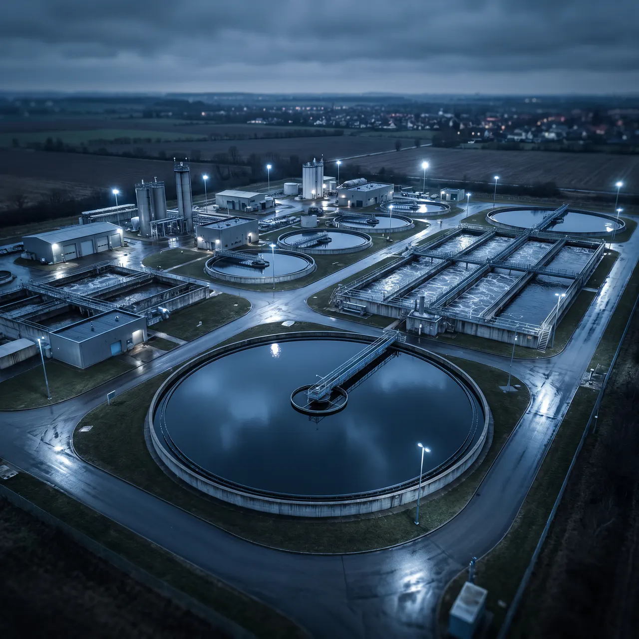 Aerial view of a modern water treatment plant at night with illuminated circular tanks and buildings.