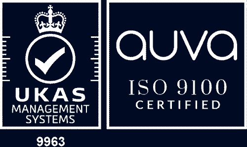 UKAS Management Systems logo with a checkmark and Auva ISO 9100 Certified text.