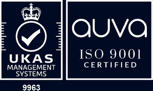 UKAS Management Systems logo with checkmark and auva ISO 9001 certified text.