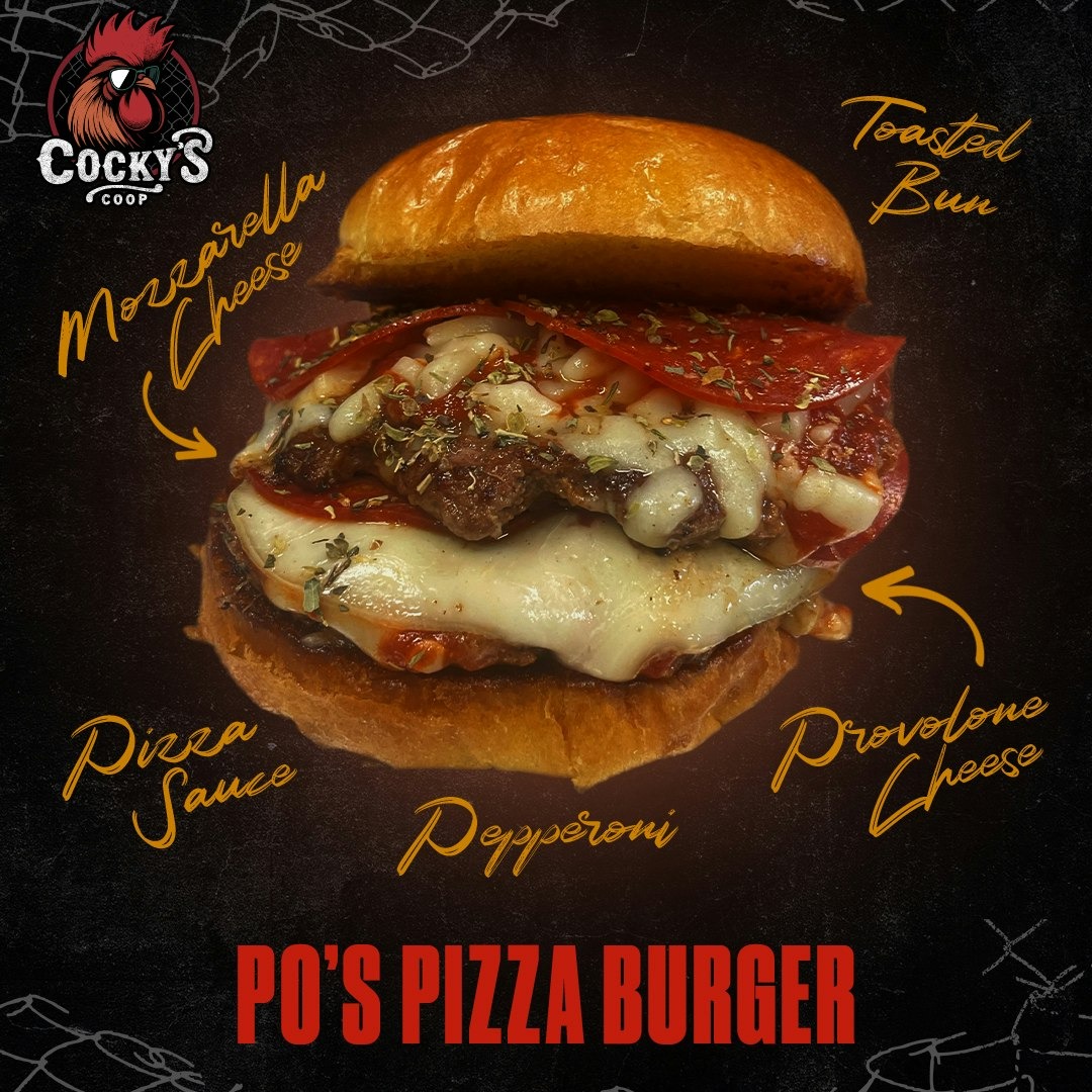 Po's Pizza Burger with toasted bun, mozzarella cheese, pizza sauce, pepperoni, and provolone cheese.