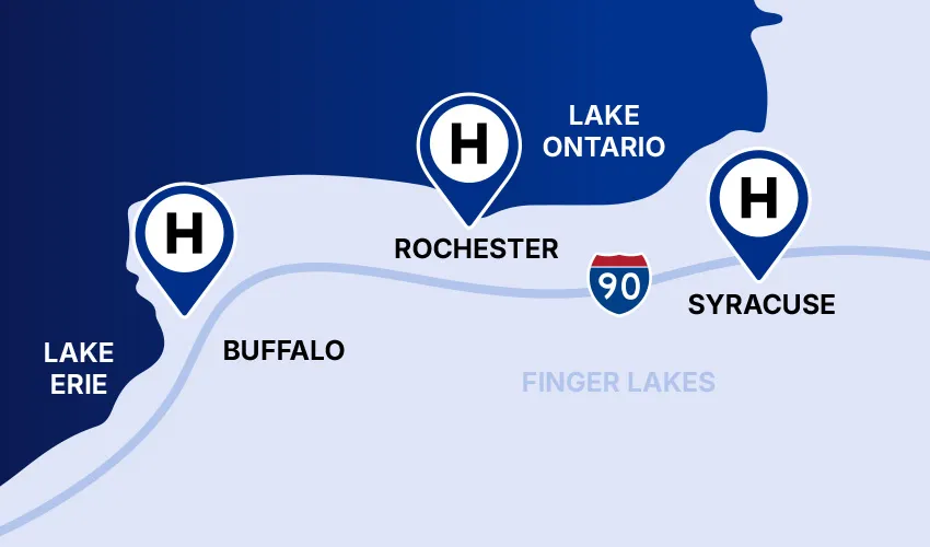 Map of Buffalo, Rochester, and Syracuse.