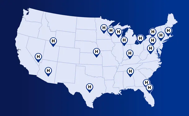 Map of the United States with 'H' markers indicating trusted partner locations across several states.