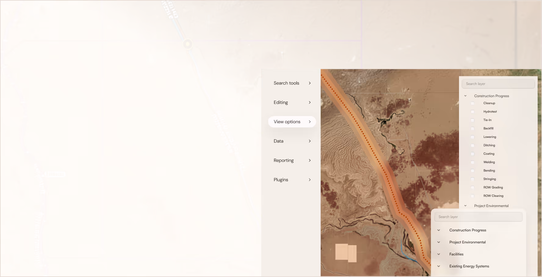 Interactive map interface showing construction progress layers and a desert area with a pipeline route marked in orange.