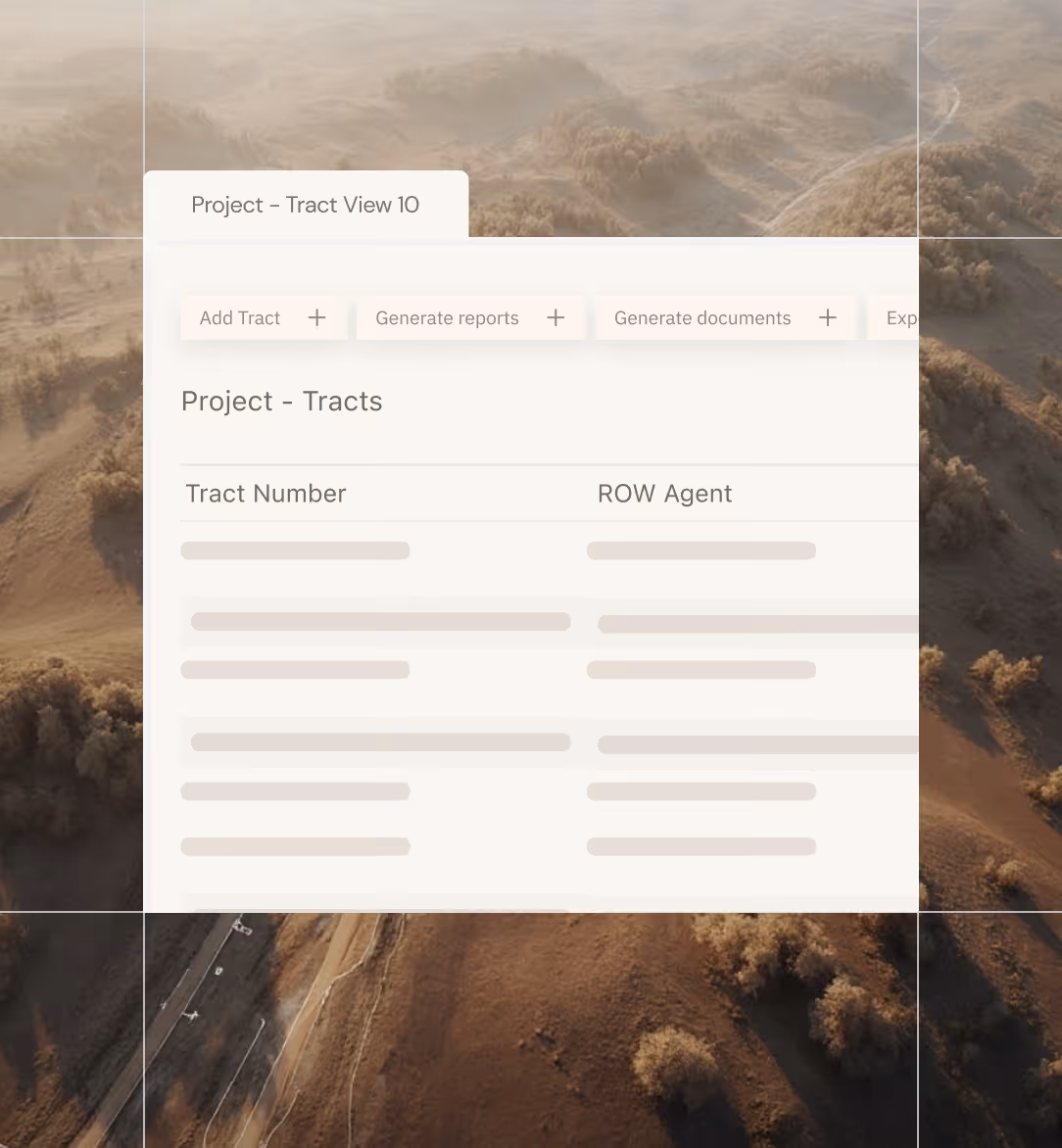 Screen showing project tracts interface with columns for tract number and ROW agent over aerial land view.