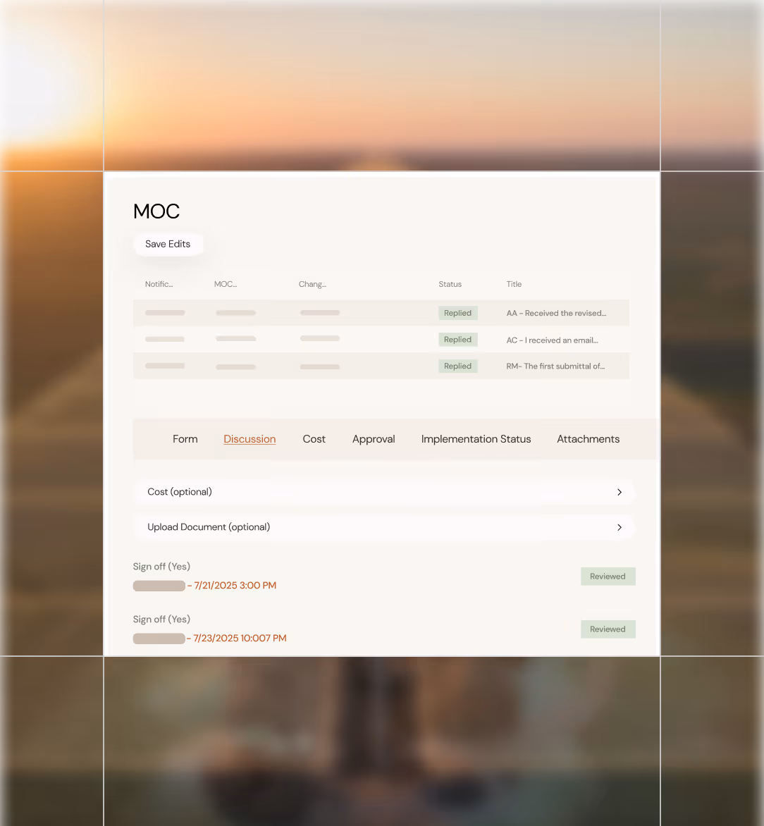 MOC dashboard with discussion tab showing status replies, sign-off dates, and options to add cost or upload documents.