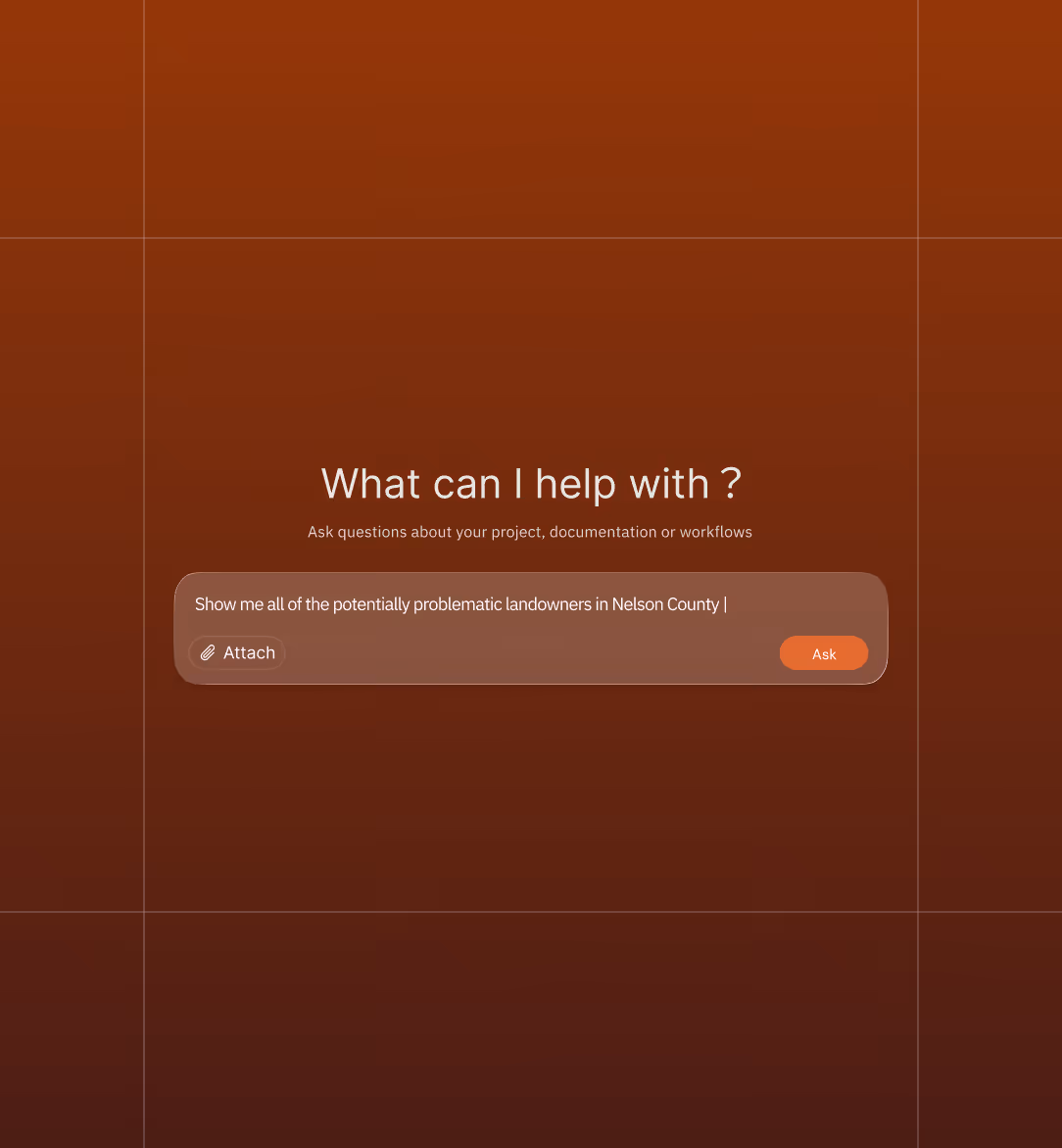 User interface with input box asking for help on project, showing query about problematic landowners in Nelson County.