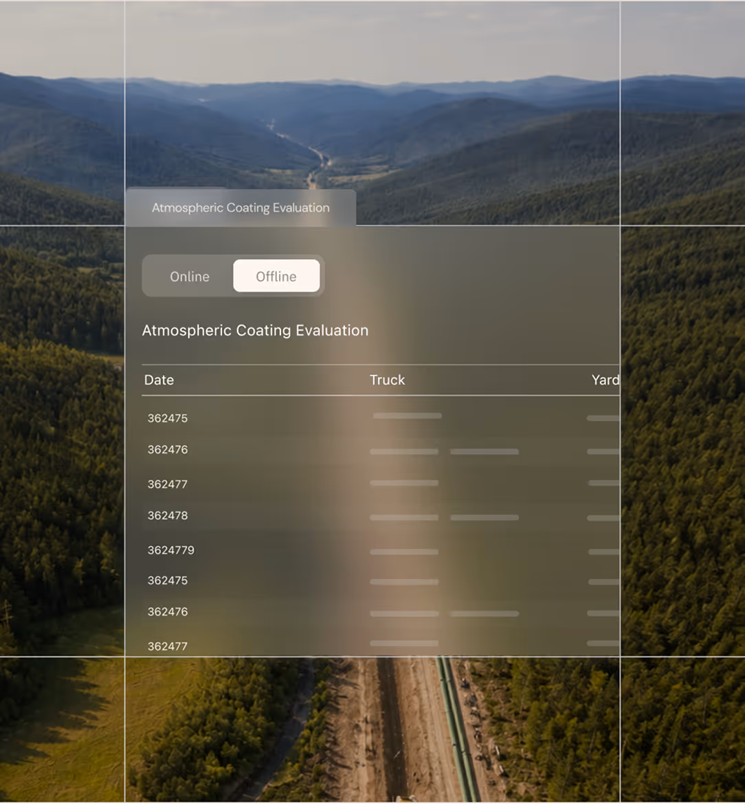 Mountain forest landscape with a data overlay titled Atmospheric Coating Evaluation showing dates and truck info.