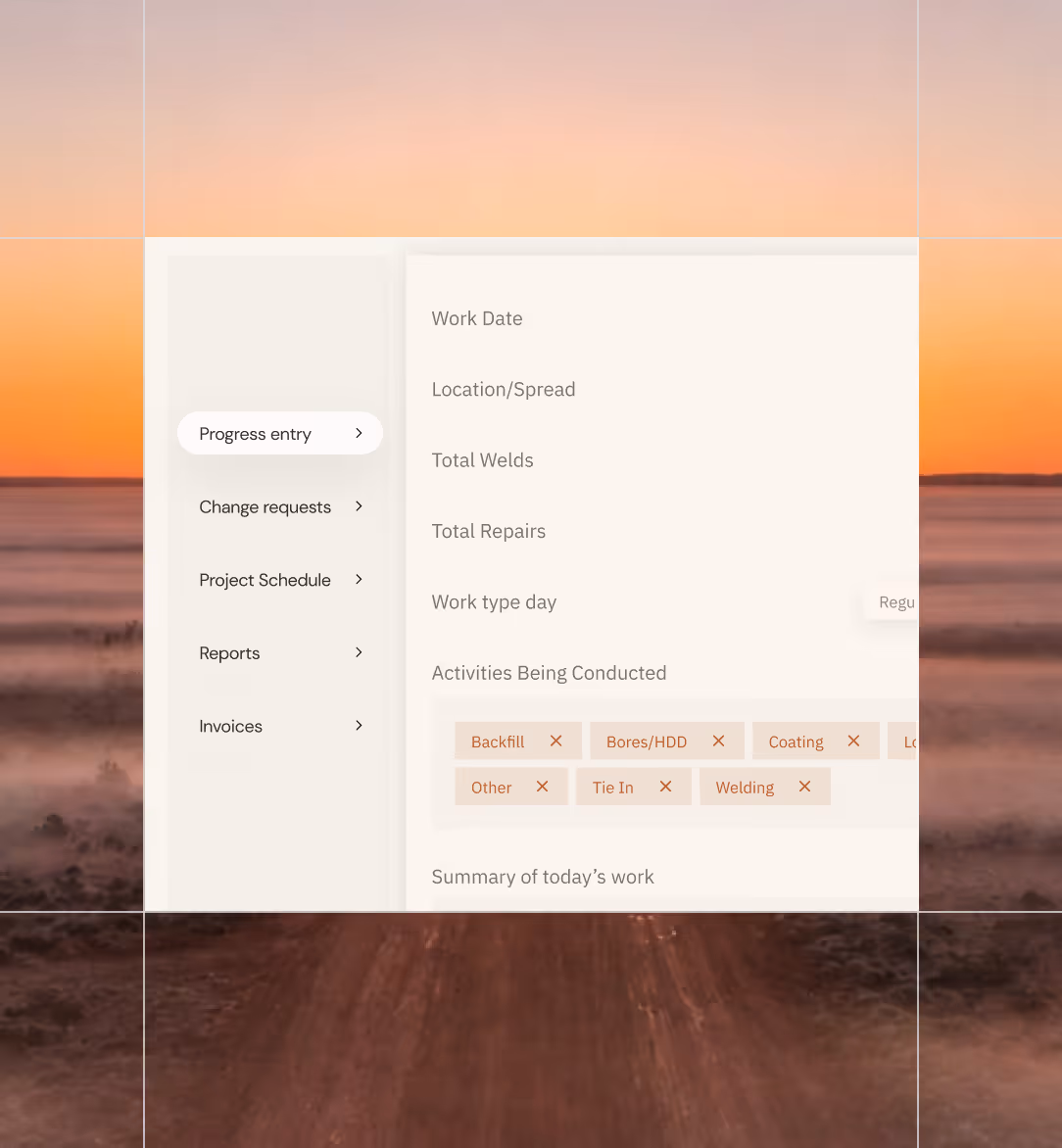Work progress entry interface showing fields for date, location, welds, repairs, and work activities.