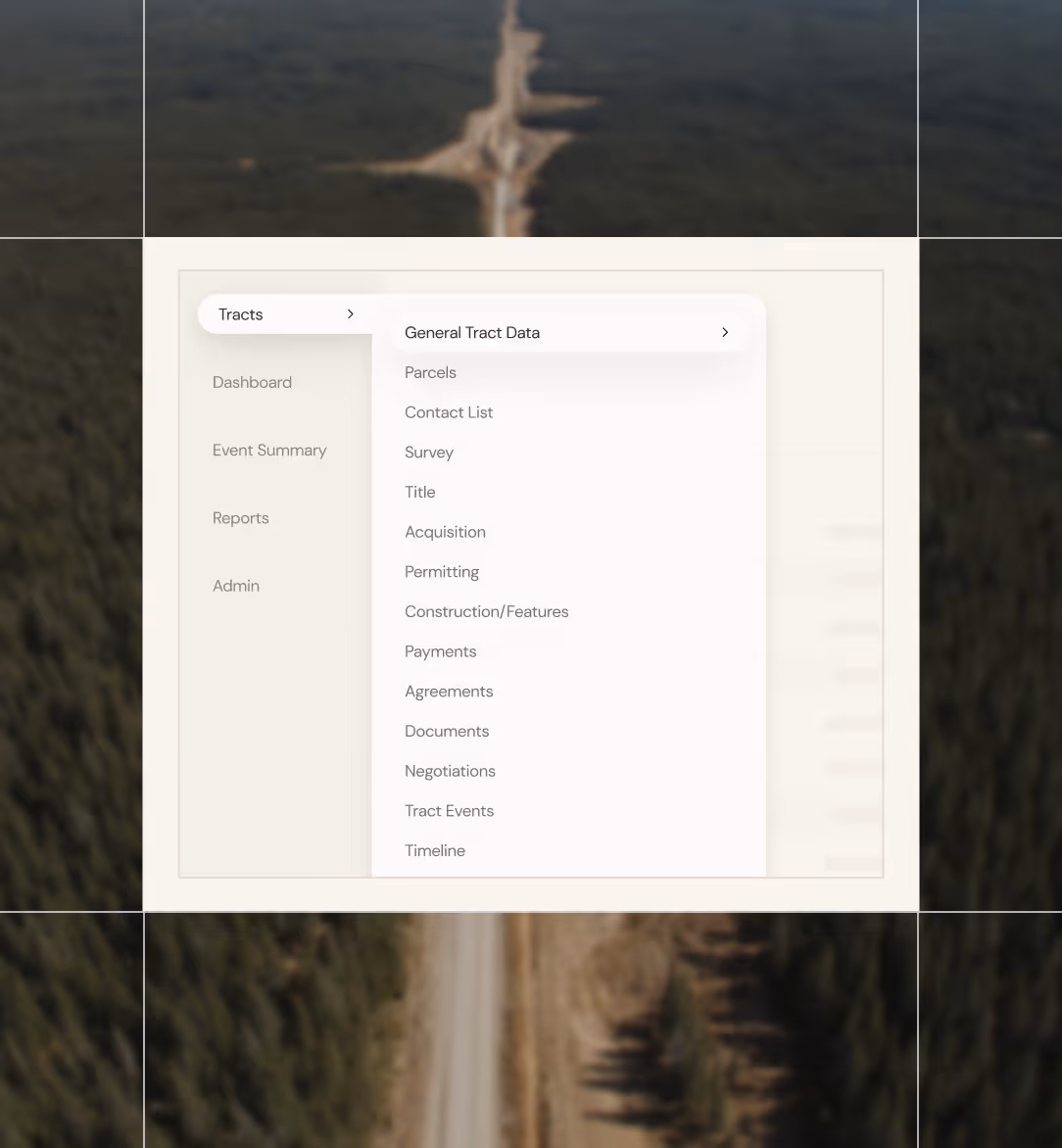 Software menu listing options such as General Tract Data, Parcels, Contact List, Survey, Title, and Acquisition.