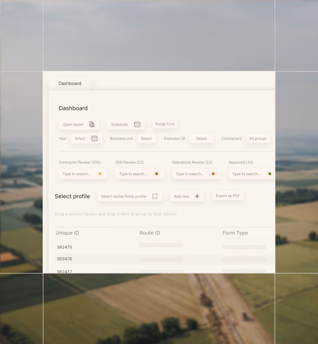 Dashboard interface with filters, review categories, and profile selection options over a blurred rural landscape.
