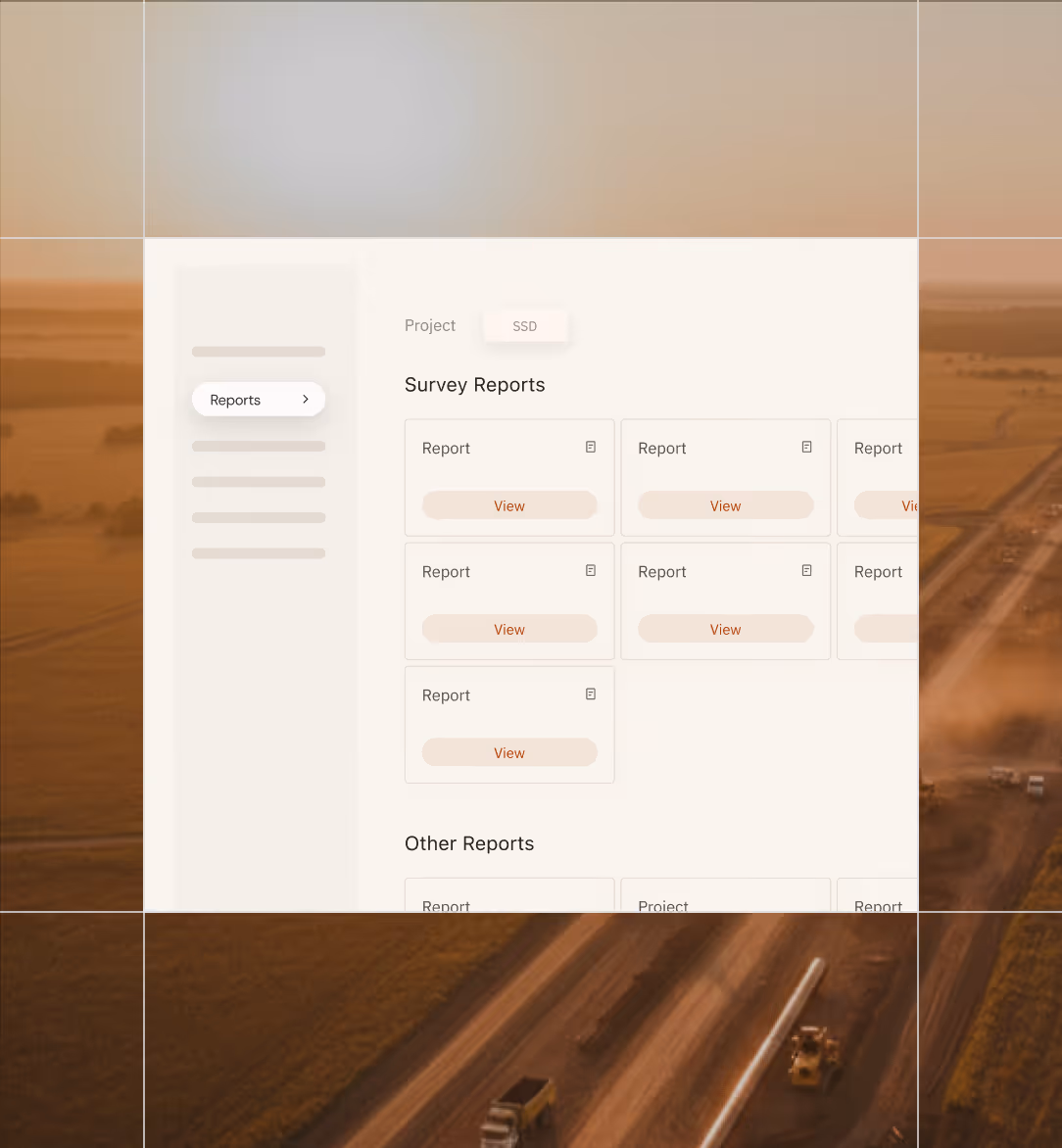 Website dashboard showing survey reports with multiple report cards and a construction site background.