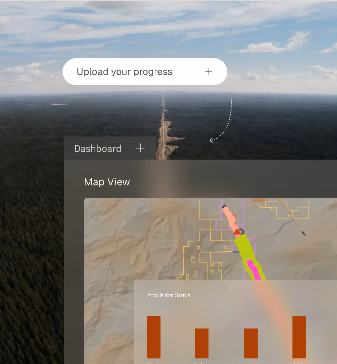 Interface overlay showing a dashboard with map view and acquisition status over a forest landscape and road.