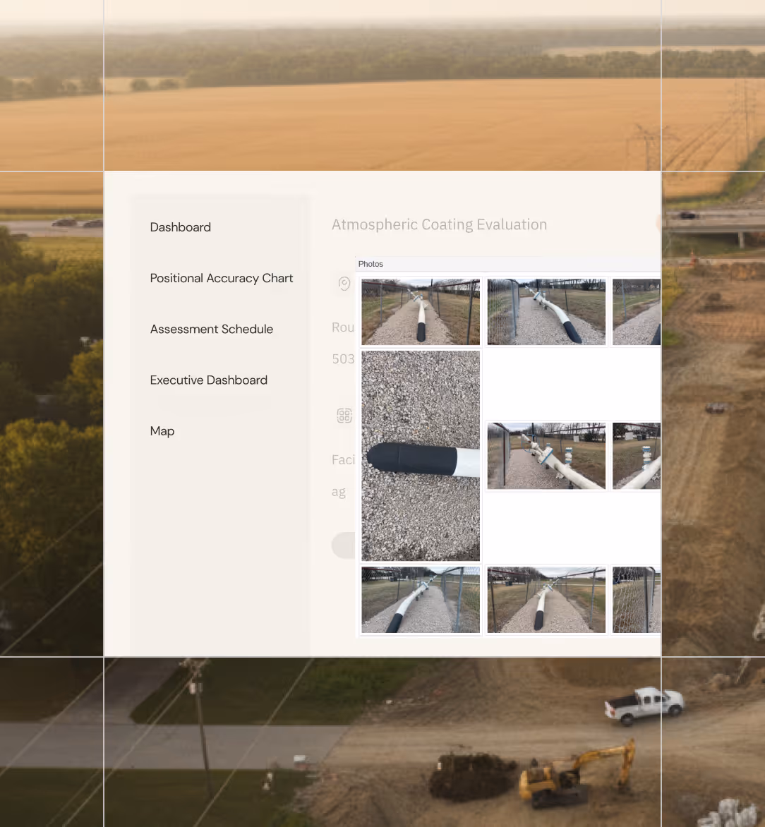 Dashboard screen showing atmospheric coating evaluation with photos of coated pipeline sections on gravel path.
