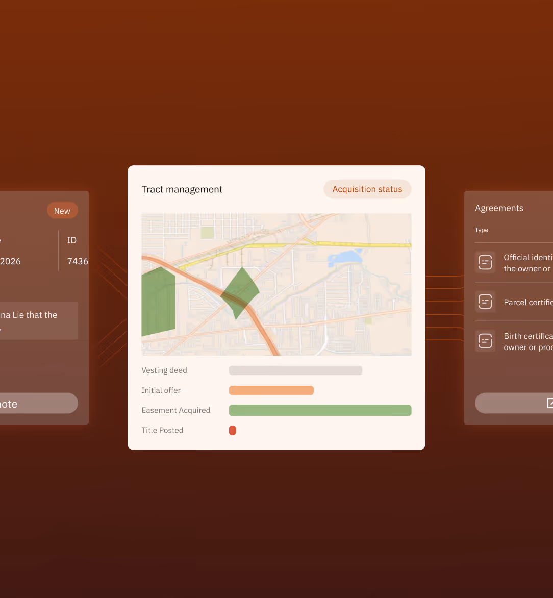 Tract management interface showing map with land parcels and acquisition status progress bars.