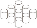 Eleven clear glasses filled with water arranged in a close group on a dark surface.