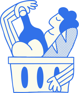 Illustration of a person with blue hair reclining relaxedly inside a laundry basket.