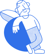 Blue abstract illustration of a person sitting with one arm resting on a circle shape.