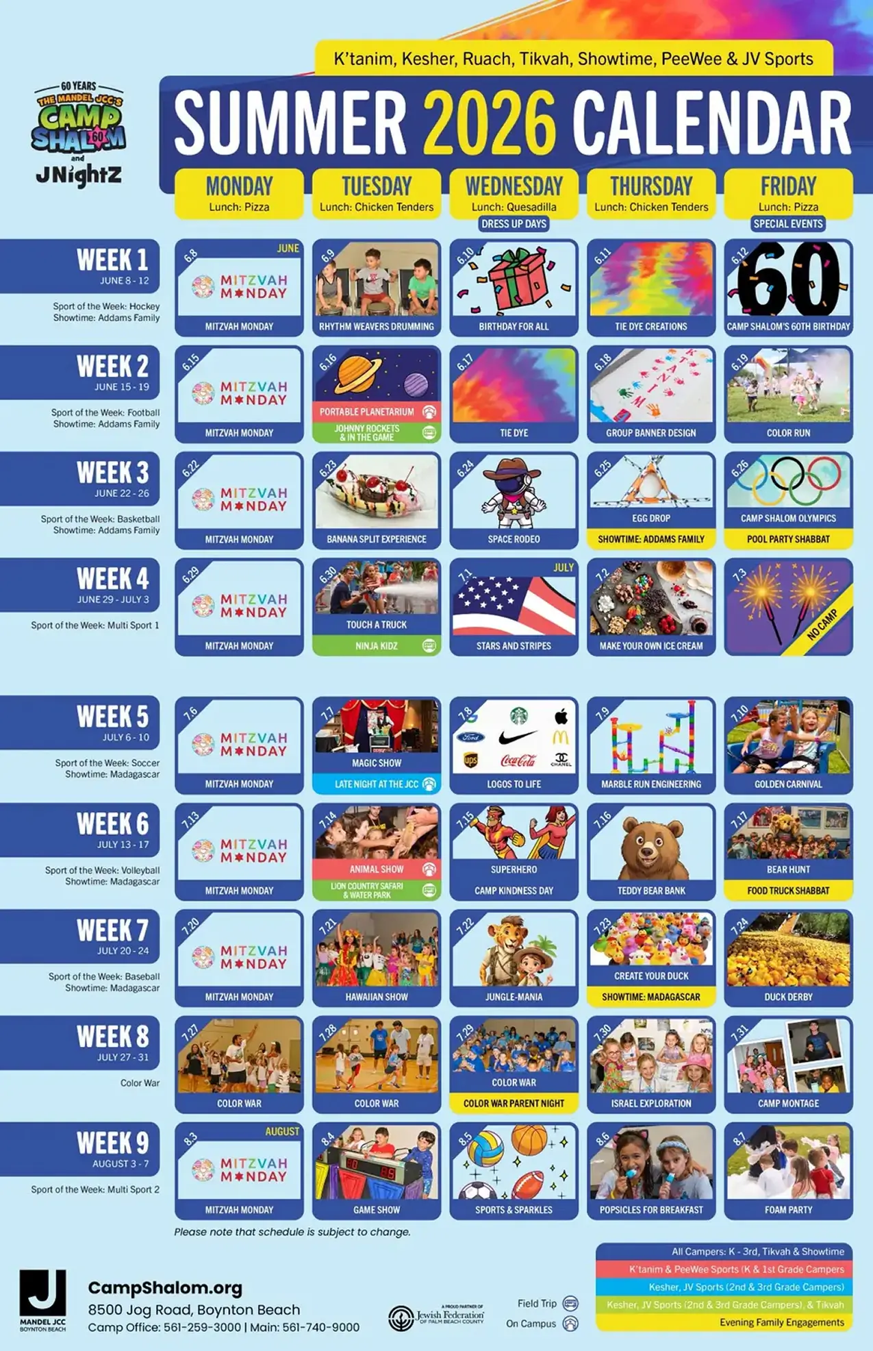Camp Shalom summer 2026 calendar showing weekly themed activities from June 8 to August 7, including sports, art, shows, and special events like Camp Shalom's 60th birthday and pool party Shabbat.