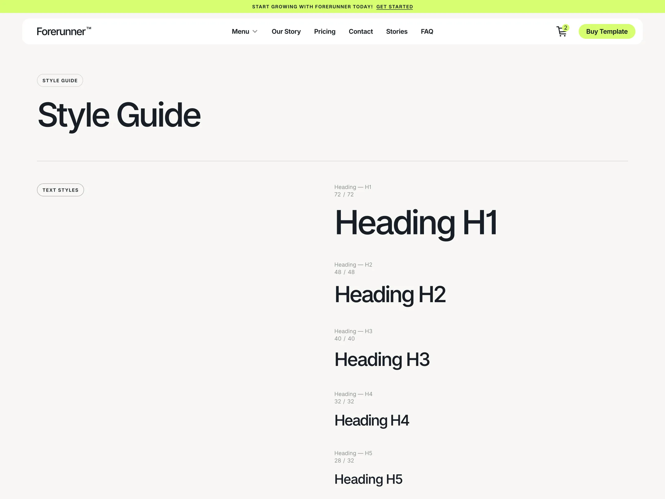 Webpage style guide showing headings H1 to H5 in descending font sizes with their sizes labeled.