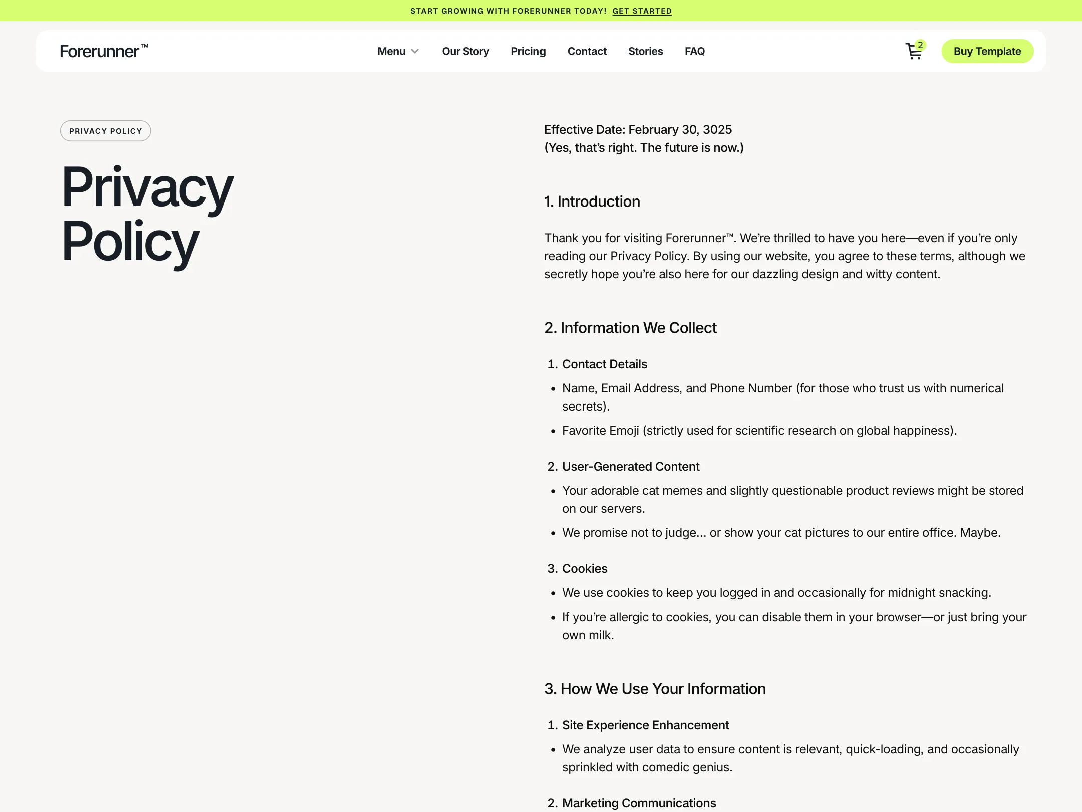 Privacy Policy page text with humorous terms about data collection, use, and cookies on Forerunner site.