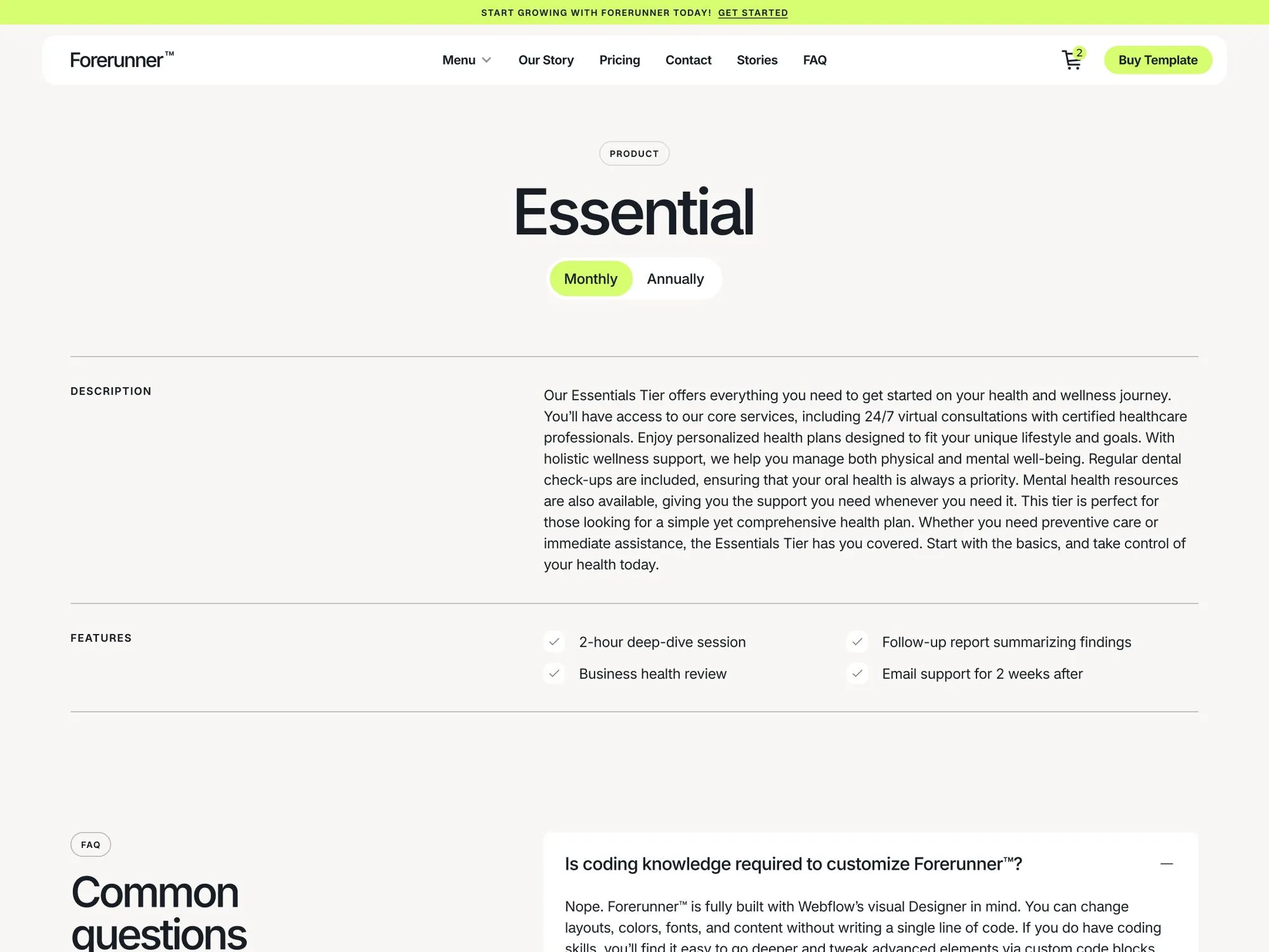 Forerunner Essential health plan details with description, features, and FAQ on customization.