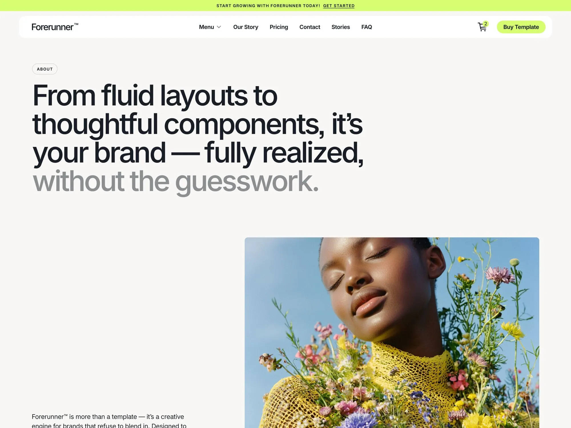Page with bold text about brand design and a photo of a woman in a yellow floral-patterned outfit with flowers.