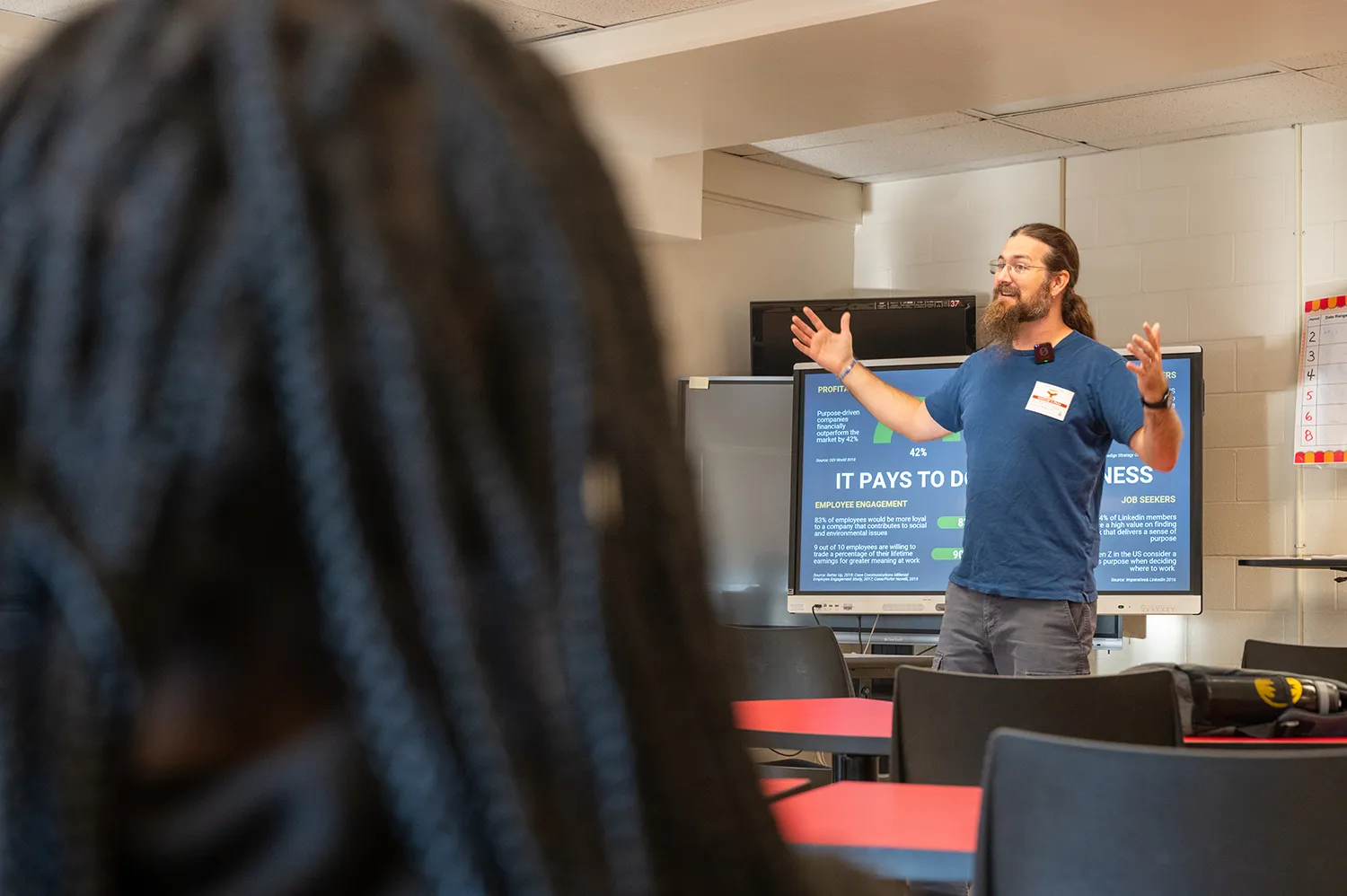 Bearded man with glasses presenting in a classroom with charts on a screen behind him.
