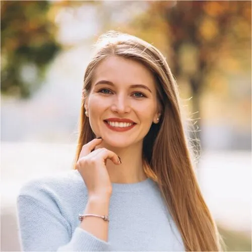 young woman in blue sweater