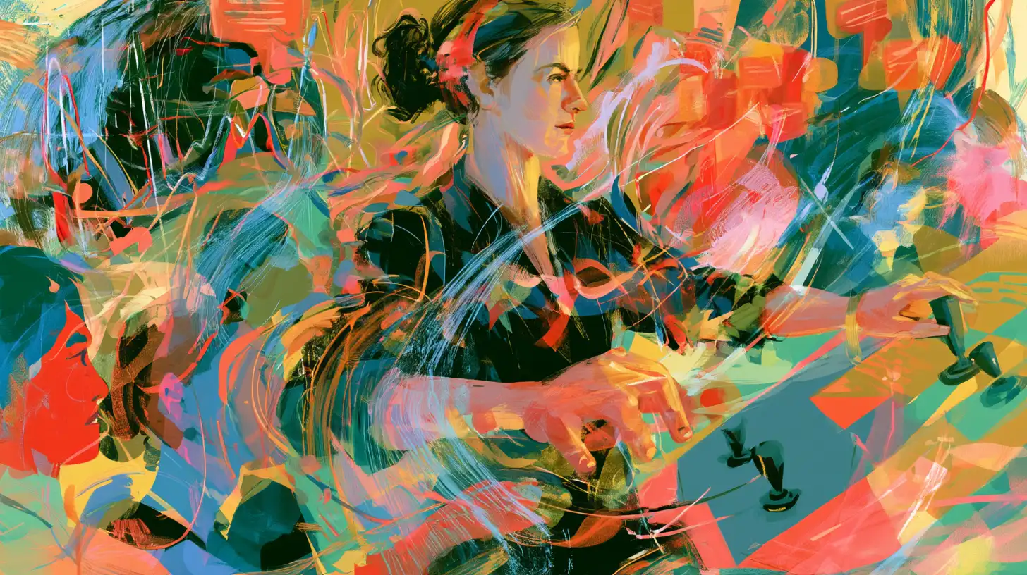 Colourful abstract illustration of a woman in profile surrounded by swirling shapes