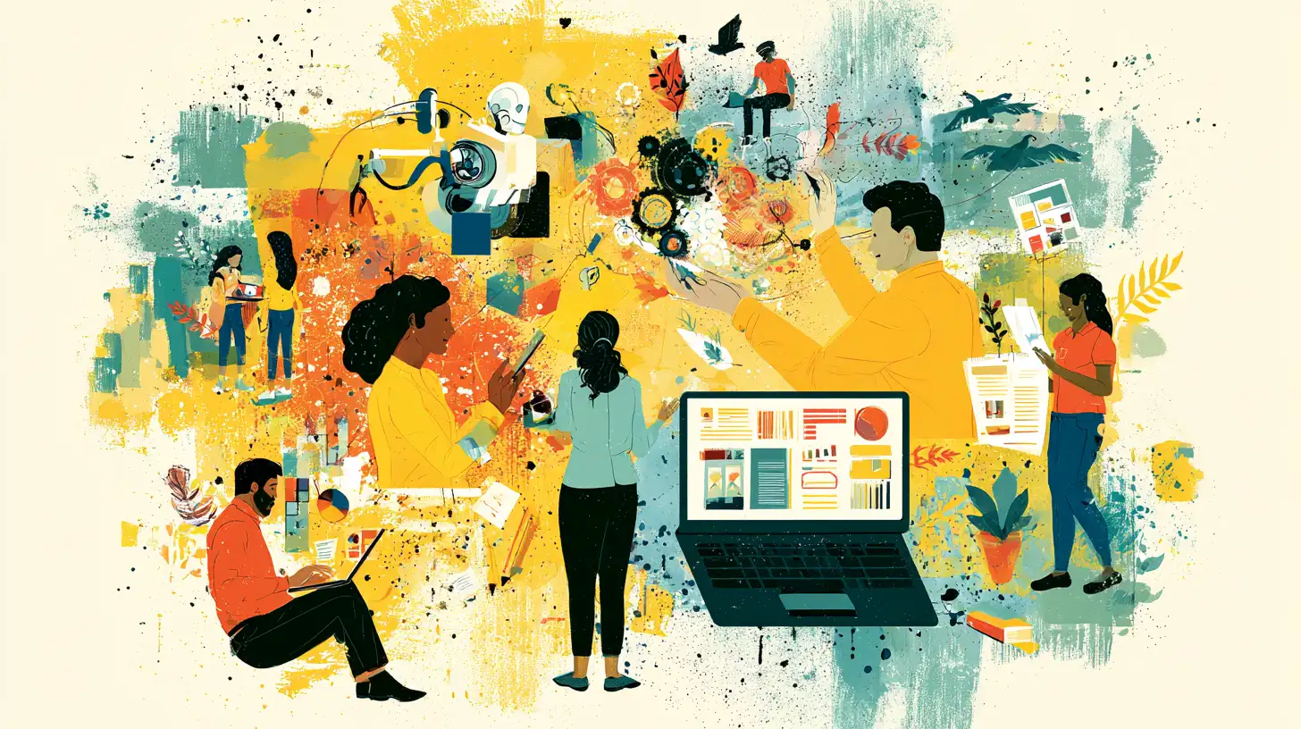 Illustration of people working around a laptop with charts, plants and cogs