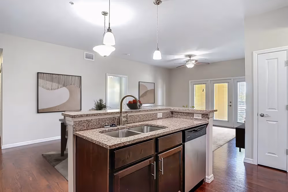 Kitchen island with brown cabinets