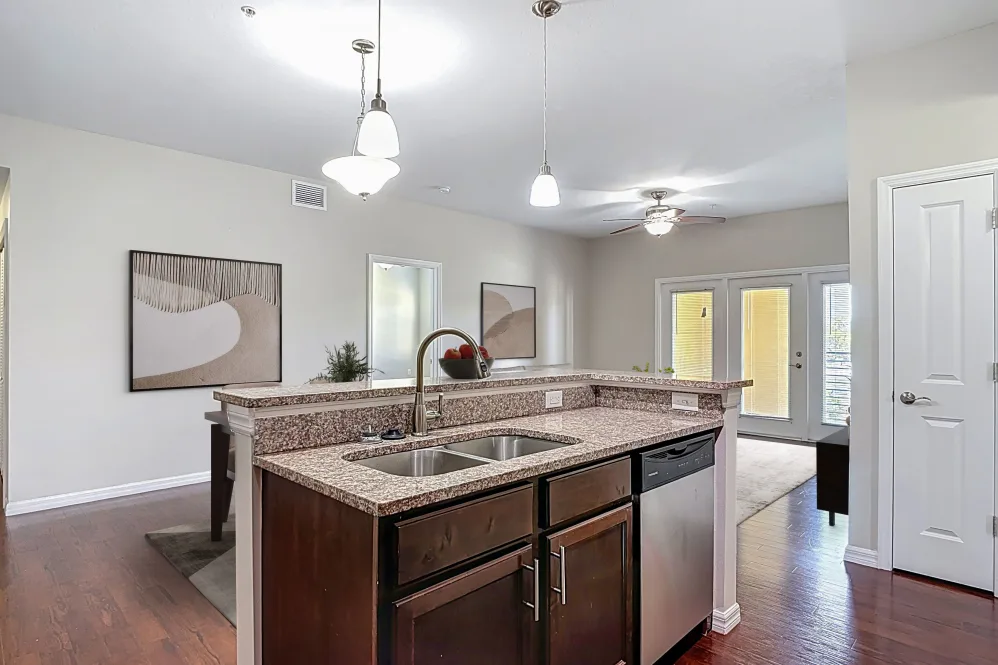 Kitchen island with brown cabinets