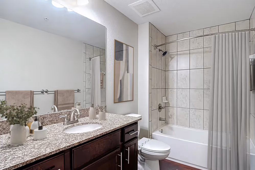 Bathroom with brown cabinets