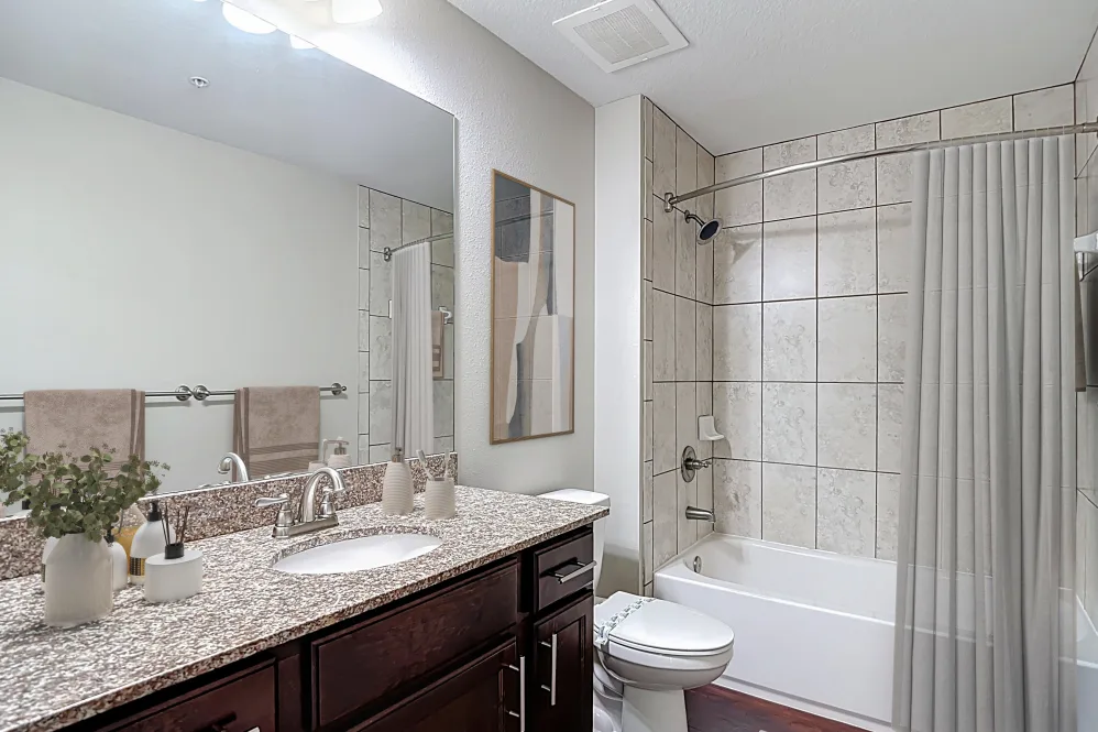 Bathroom with brown cabinets