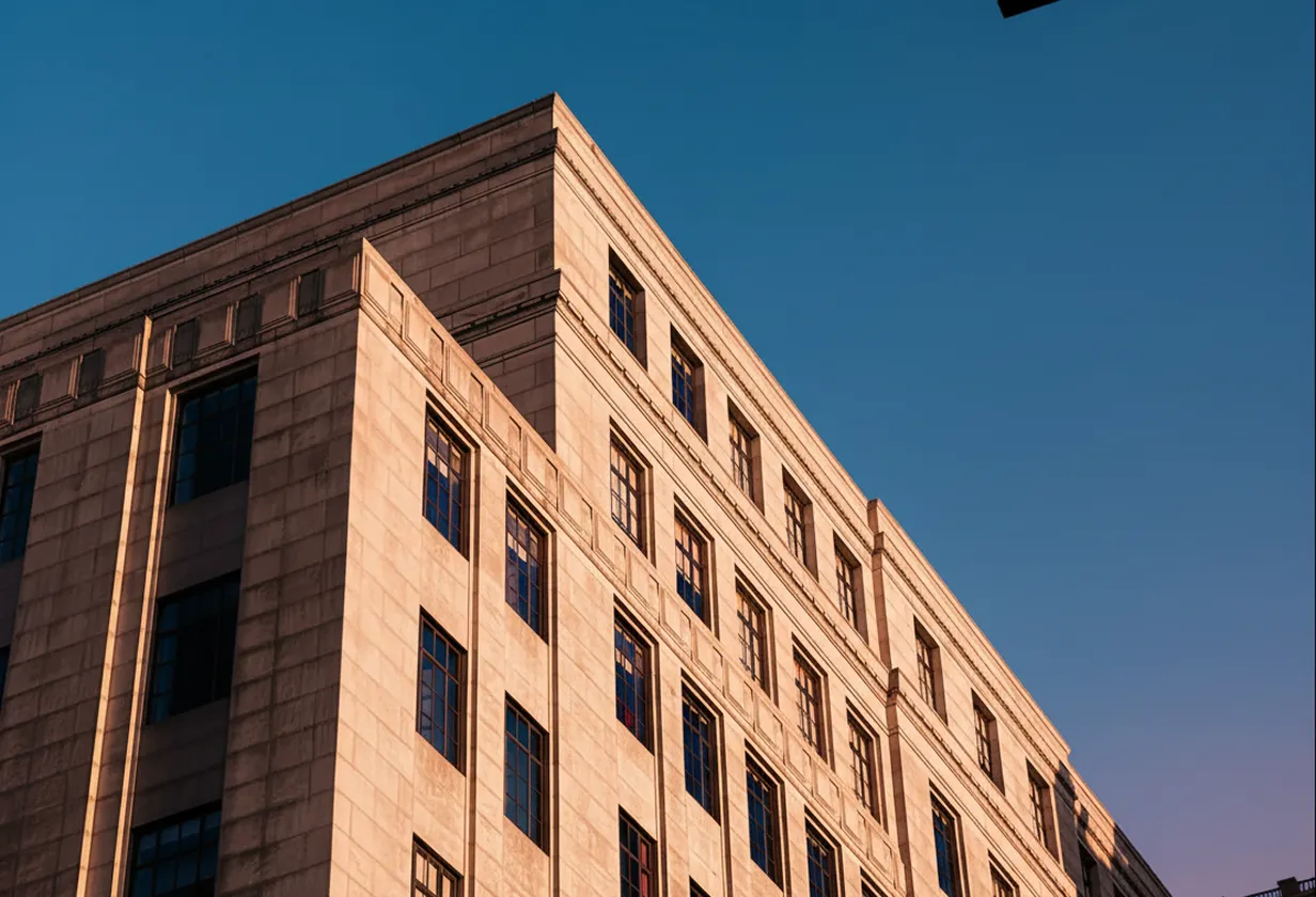 A tall, beige stone building with multiple windows is seen from a low angle against a bright blue sky. The warm sunlight casts a serene glow on the structure.