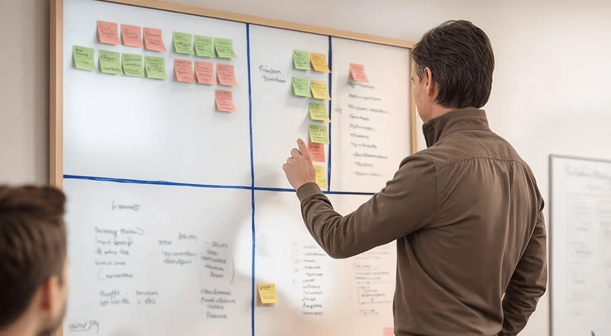 A man gestures towards a whiteboard filled with various sticky notes, indicating a collaborative discussion.