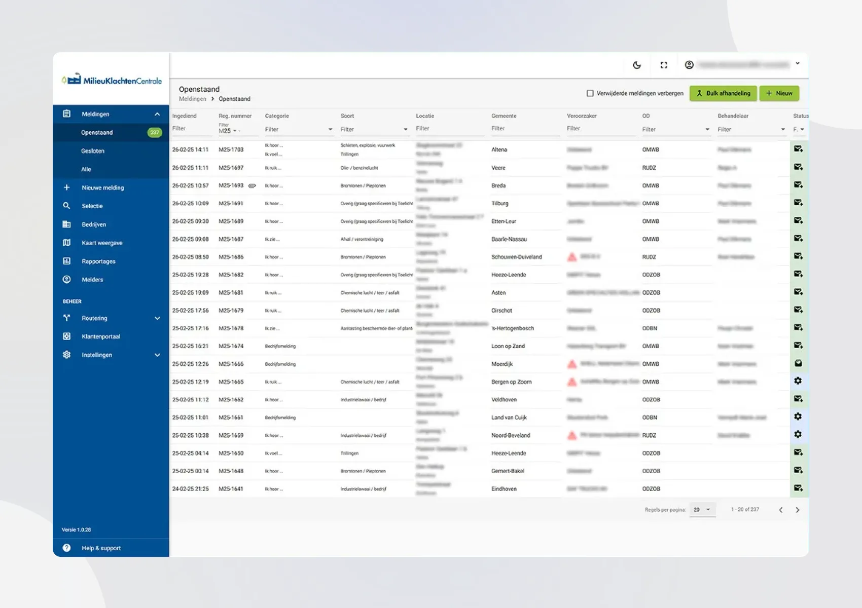 Milieu Klachten Applicatie: overzicht van meldingen in een tabel