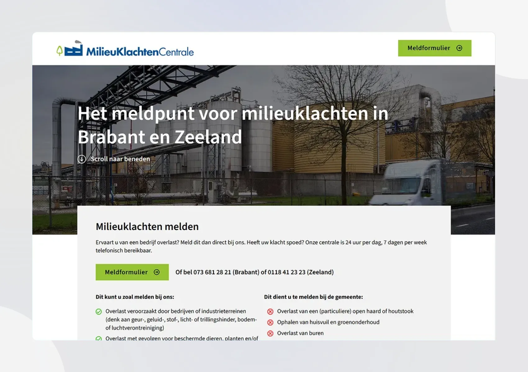 Website van de MilieuKlachtenCentrale, het meldpunt voor milieuklachten in Brabant en Zeeland