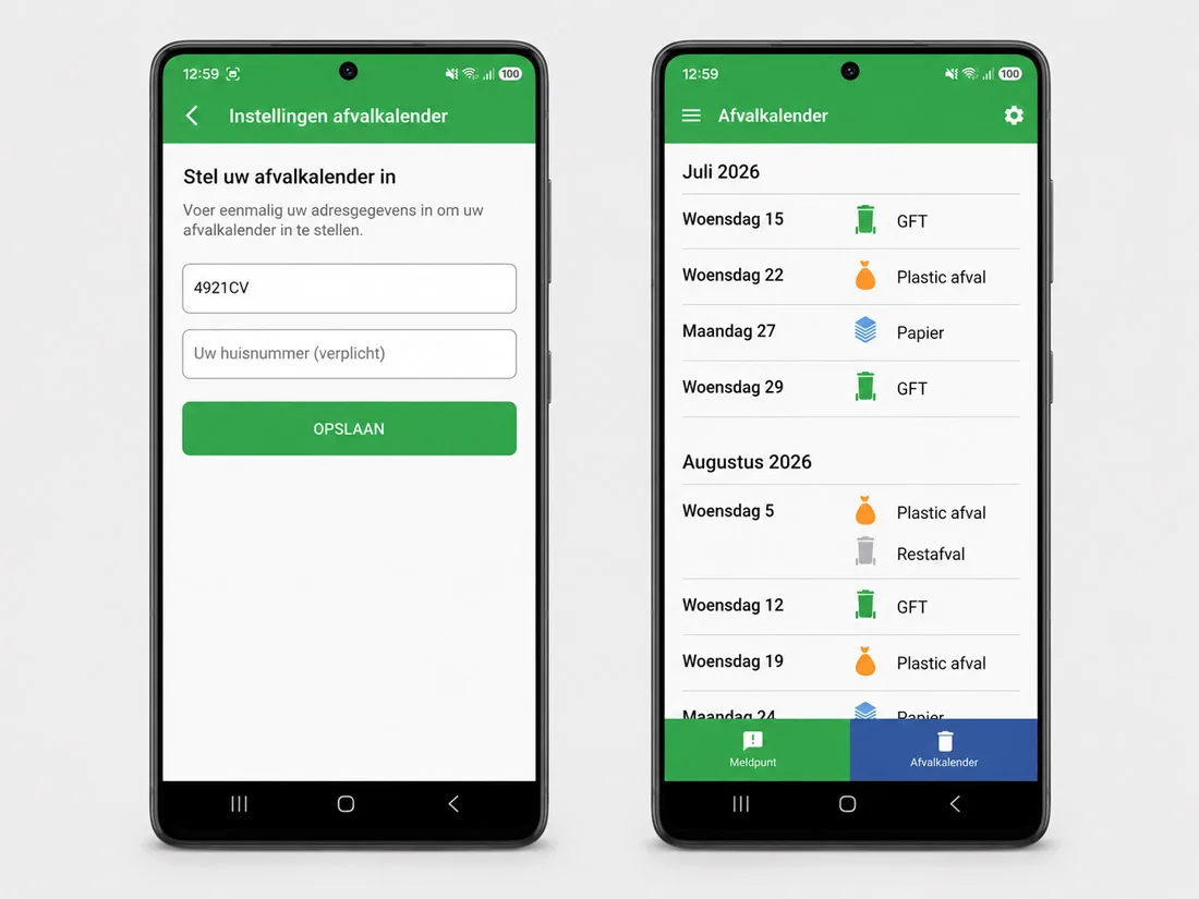 Afvalagenda in de gemeente-app: postcode invoeren en een overzicht van de ophaaldagen