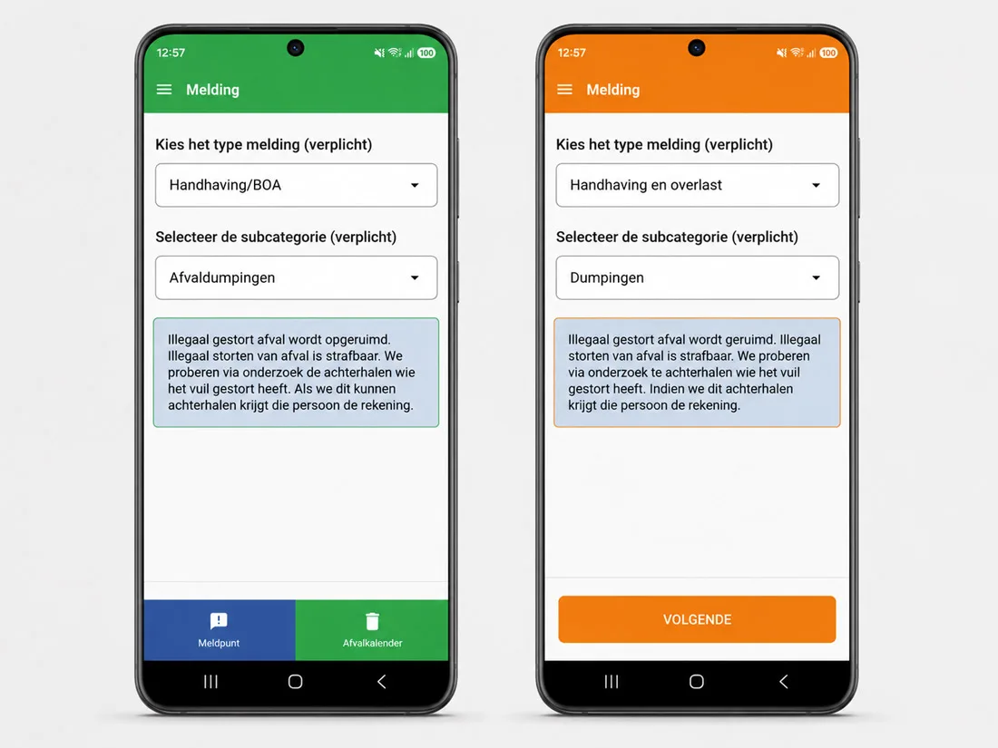 Gemeente-app in de eigen huisstijl van de gemeente: twee meldformulieren naast elkaar