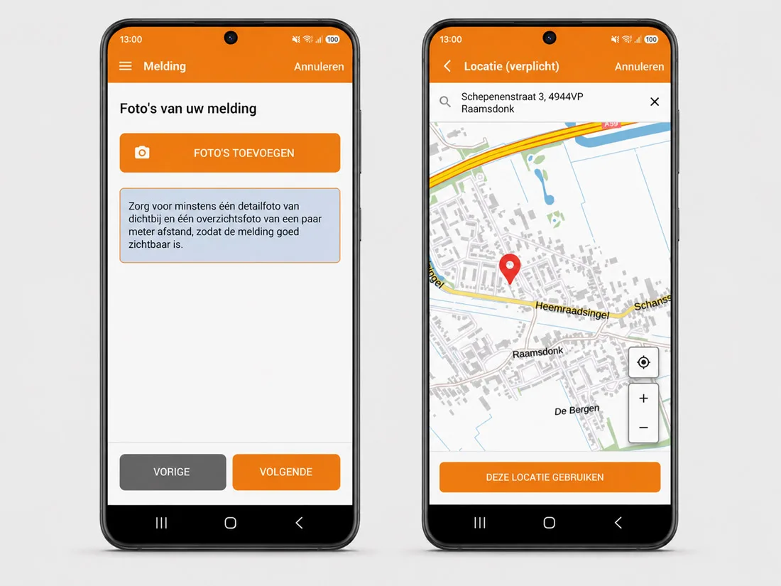 Gemeente-app met instructies bij het maken van een melding en een kaart om de locatie te kiezen