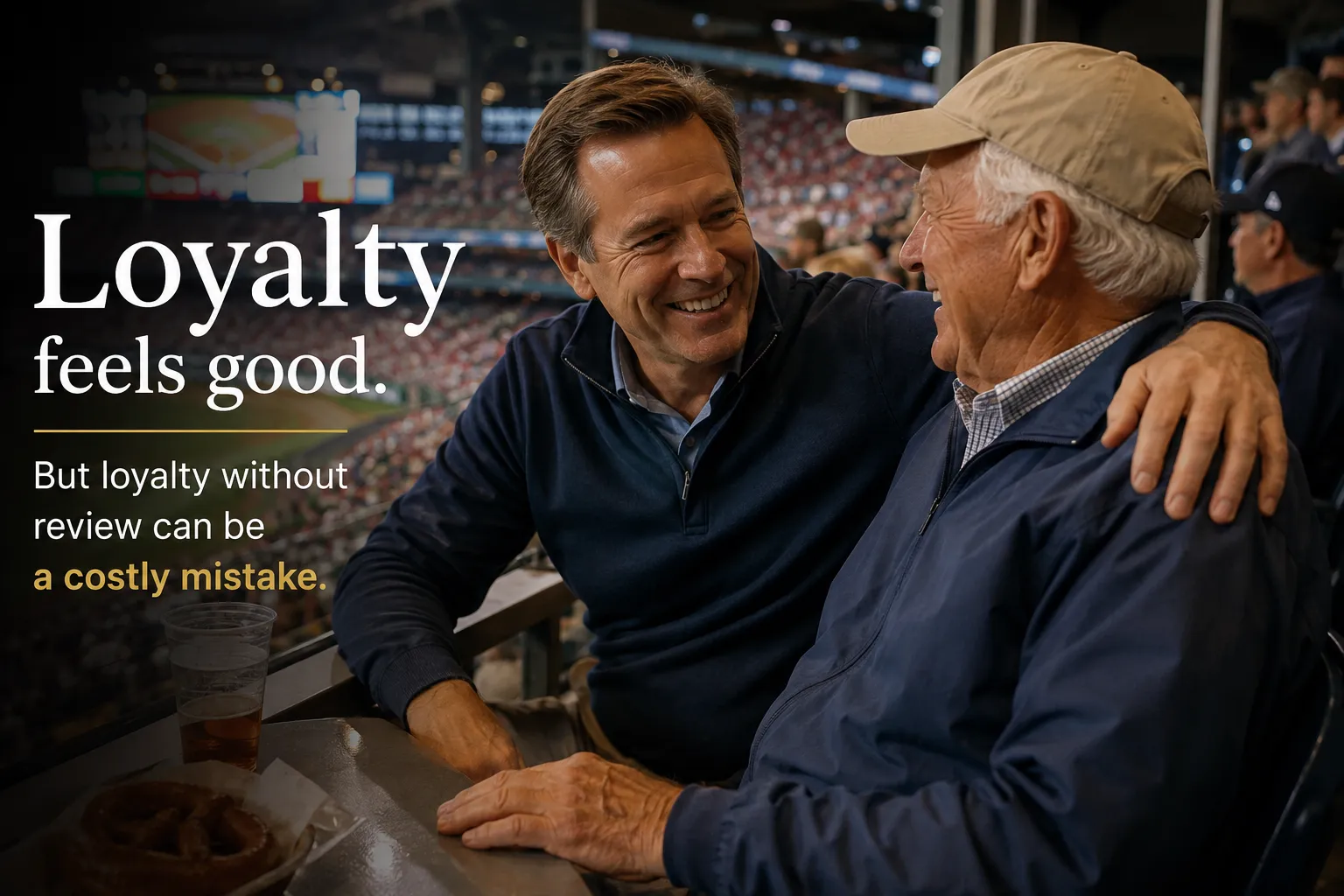 An older man and a younger advisor talking warmly at a ball game.