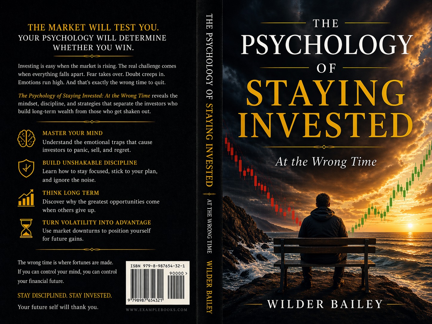 Front cover of The Psychology of Staying Invested at the Wrong Time by Wilder Bailey, showing a man looking across the sea beneath falling and rising market charts.