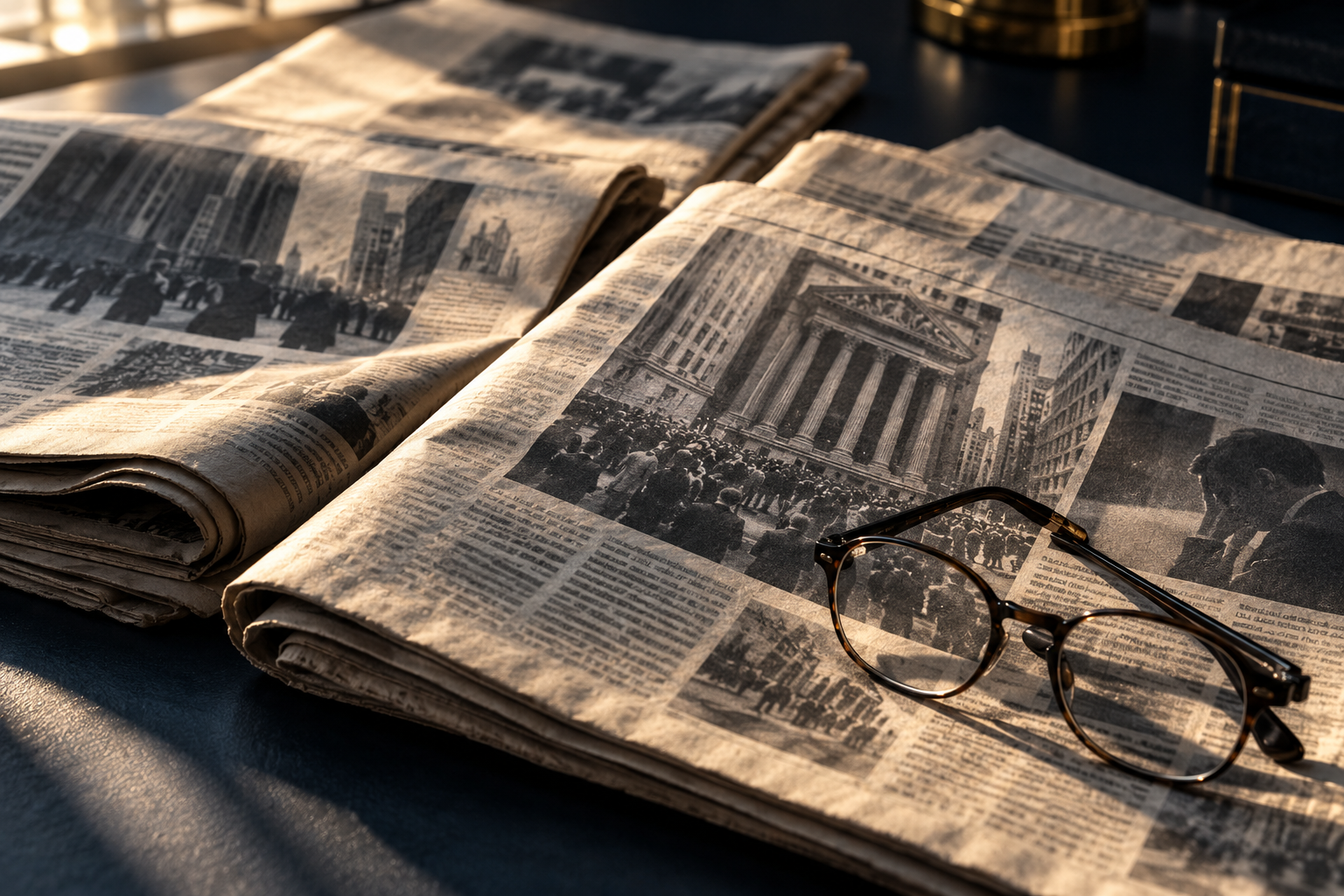 Illustration of vintage financial newspapers and reading glasses in morning light.