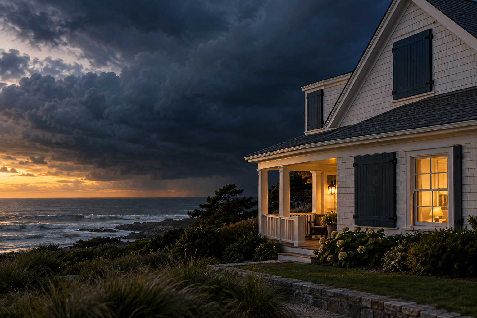 Illustration of a coastal home with closed shutters and warm lights as storm clouds gather offshore.