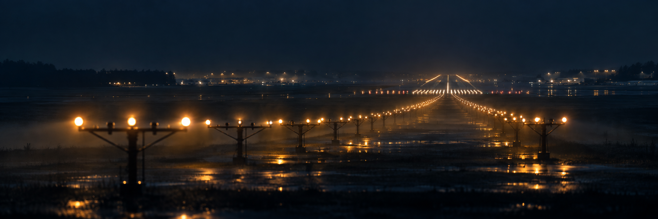 An airport approach lighting system at night, rows of amber lights converging toward a distant lit runway threshold.