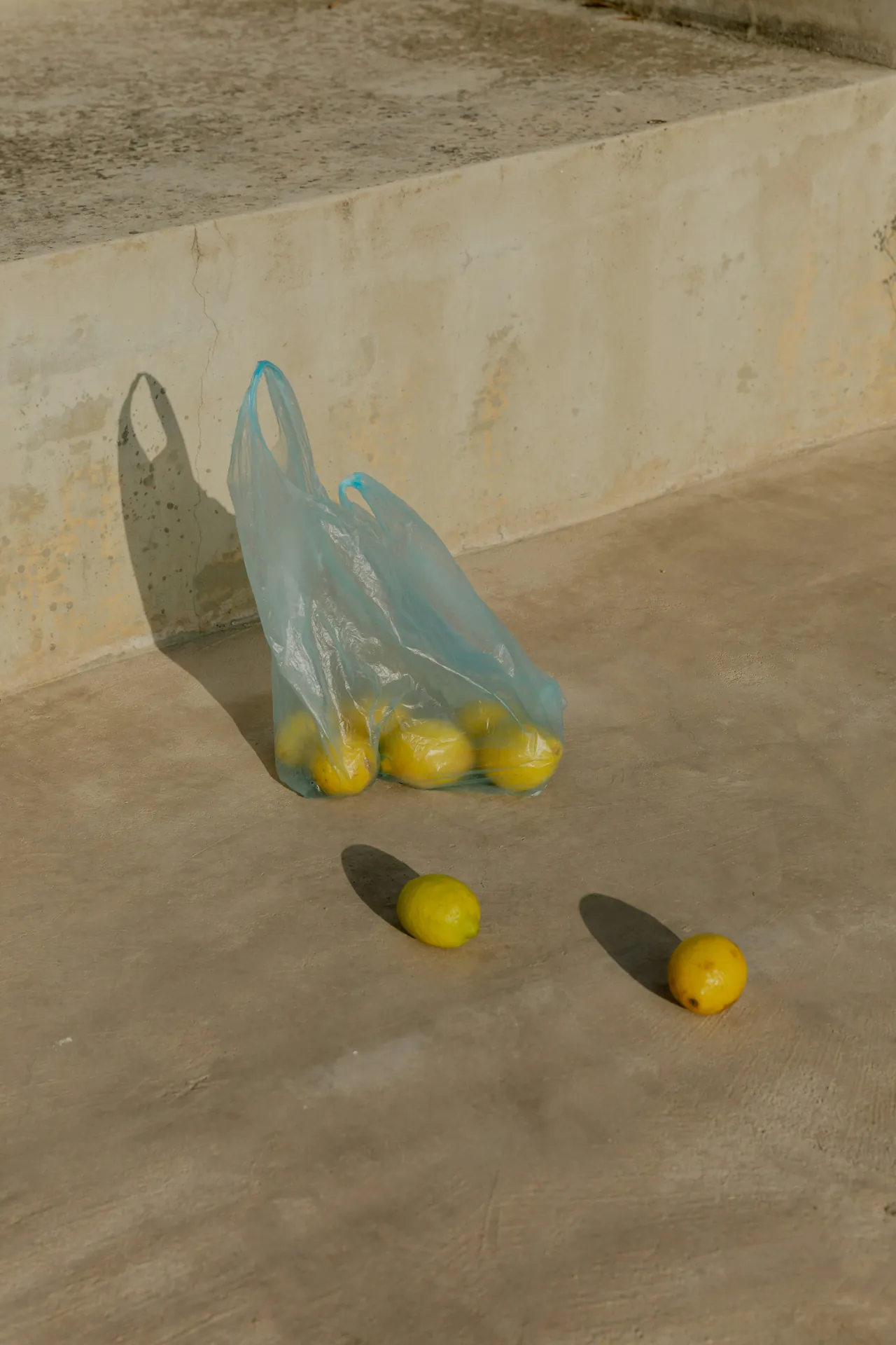 A translucent blue plastic bag filled with lemons sits against a weathered concrete wall, with two loose lemons casting long shadows on the sun-drenched floor beside it.
