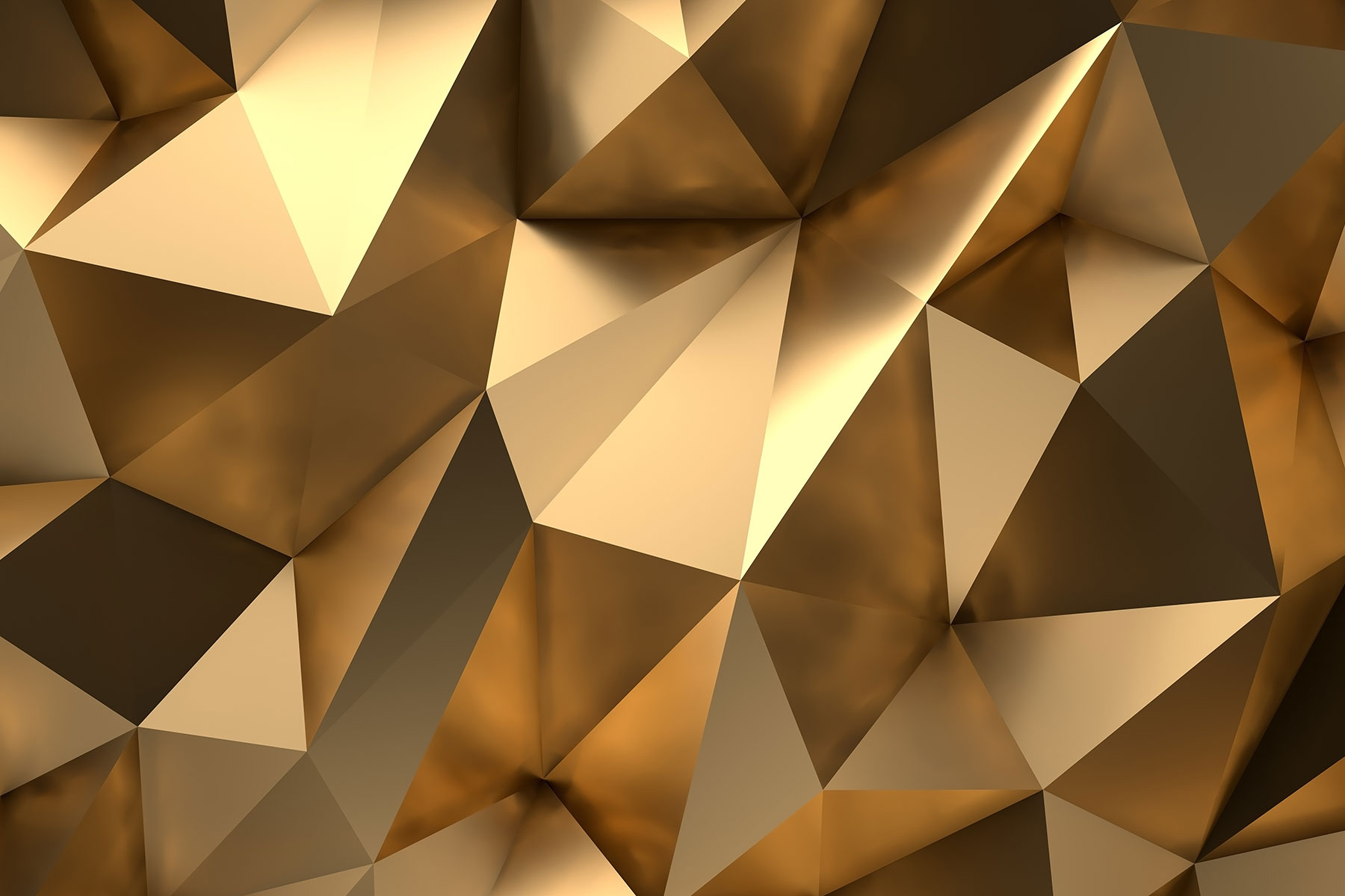 Abstract geometric pattern of gold and bronze triangular facets creating a 3D low-poly surface.