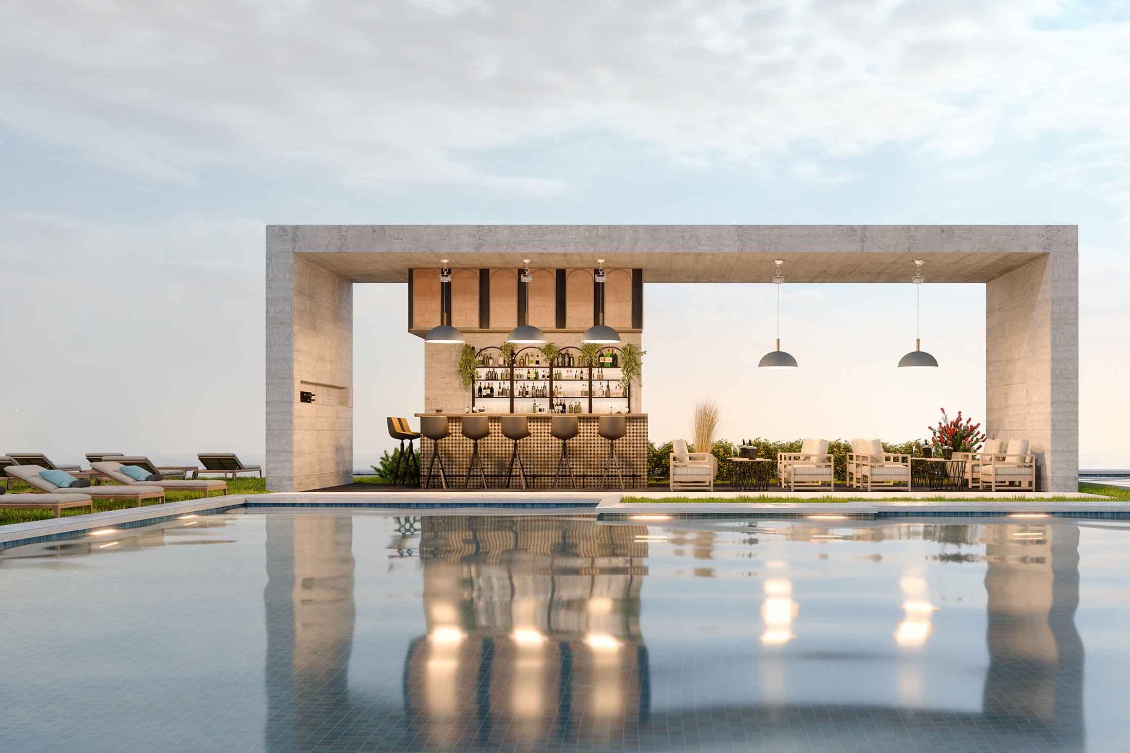 Vacation rental & club Modern outdoor poolside bar and lounge area with bar stools and seating under a concrete frame, reflected in the pool water.